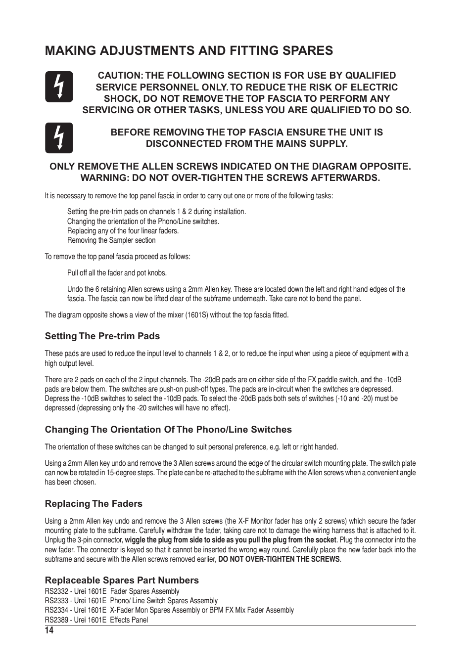 Making adjustments and fitting spares | SoundCraft UREI 1601E User Manual | Page 14 / 56