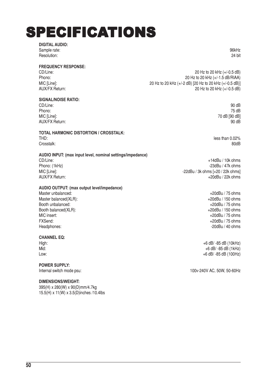 Specifica, Specifica specifications tions tions tions tions | SoundCraft UREI 1601E User Manual | Page 50 / 56