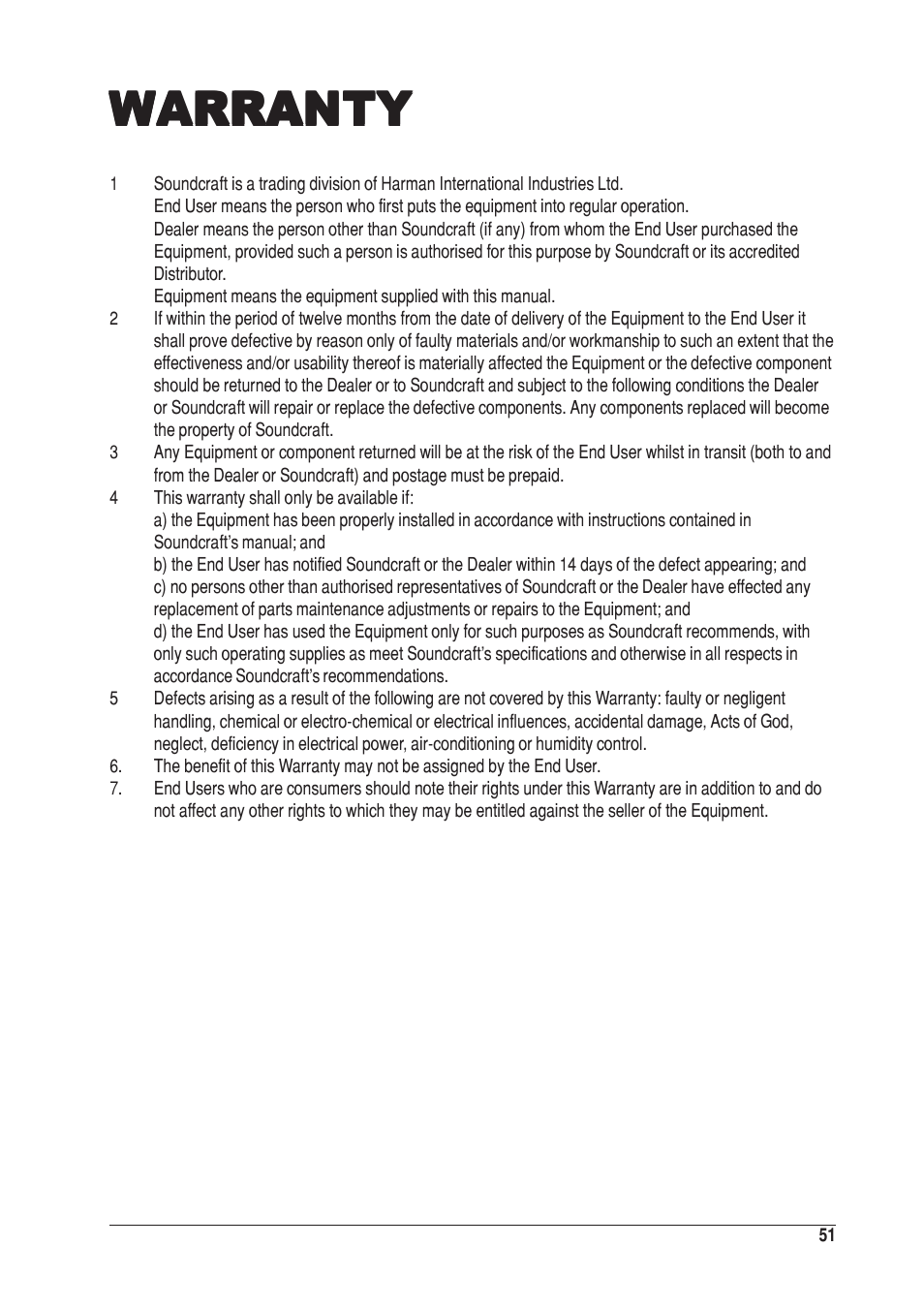 Warranty | SoundCraft UREI 1601E User Manual | Page 51 / 56