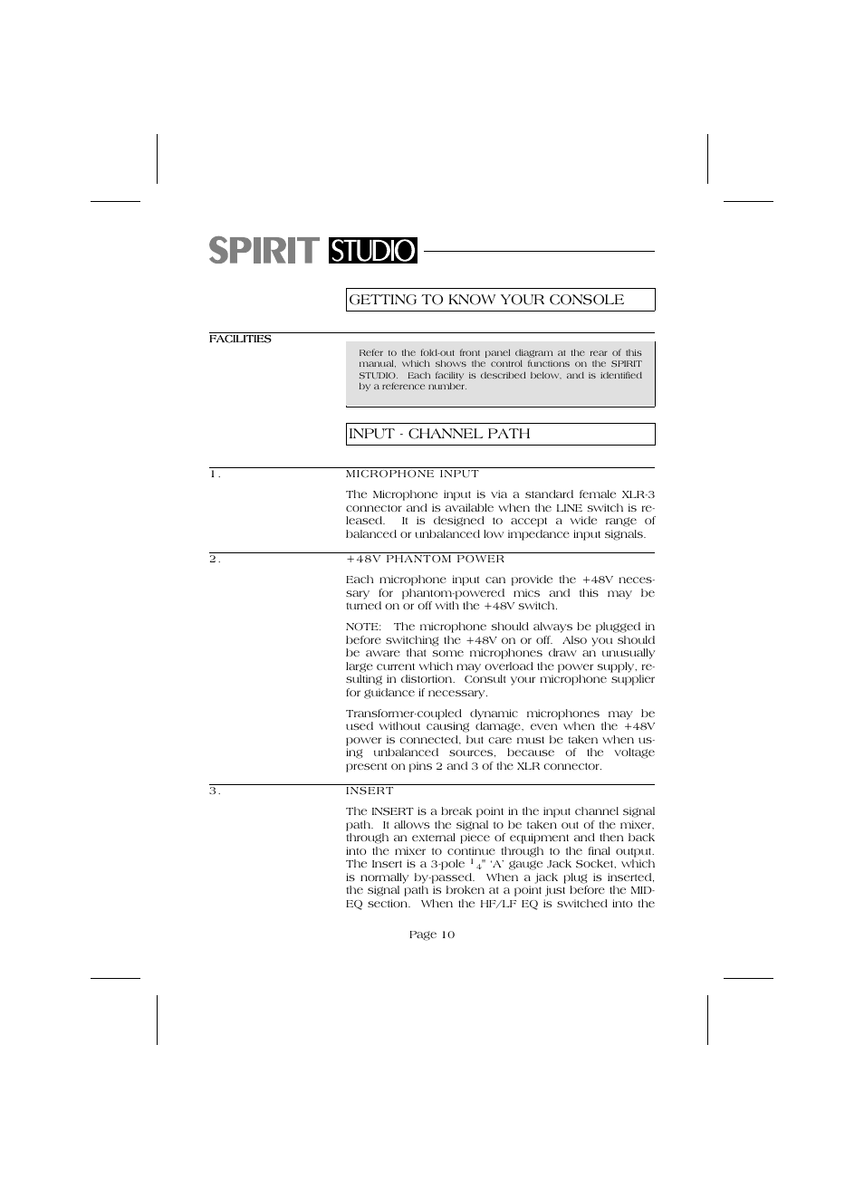 Getting to know your console, Input - channel path | SoundCraft Audio Mixing Console Model Spirit Studio User Manual | Page 12 / 38