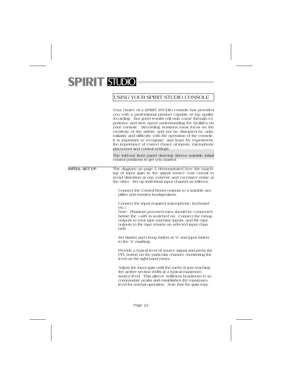 Using your spirit studio console | SoundCraft Audio Mixing Console Model Spirit Studio User Manual | Page 24 / 38