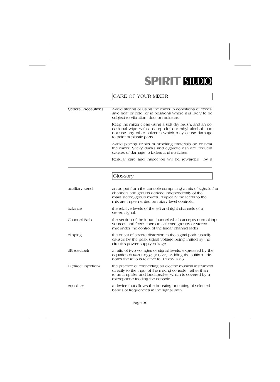 Glossary, Care of your mixer | SoundCraft Audio Mixing Console Model Spirit Studio User Manual | Page 31 / 38