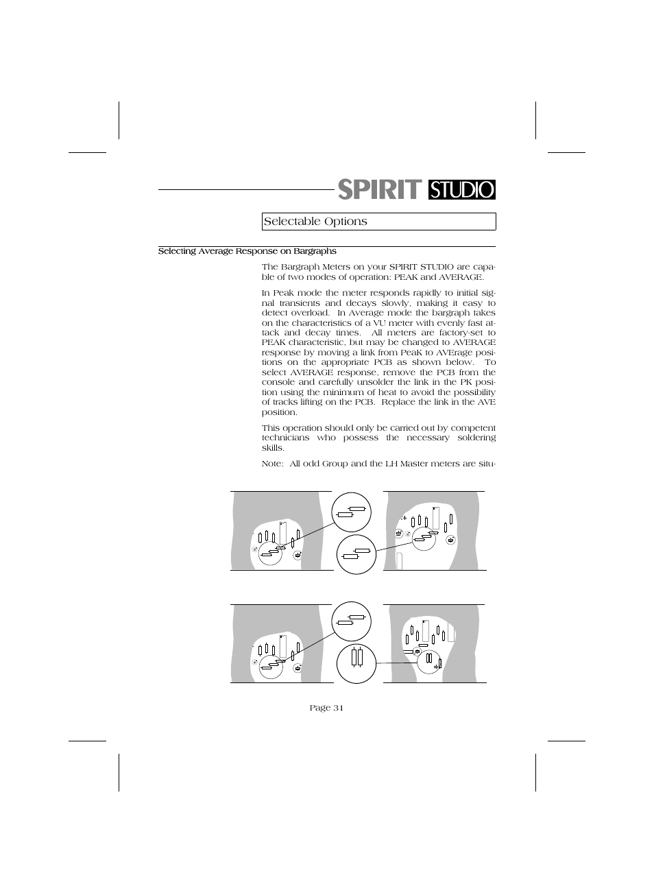 Selectable options, Selecting average response on bargraphs, Page 31 | SoundCraft Audio Mixing Console Model Spirit Studio User Manual | Page 33 / 38