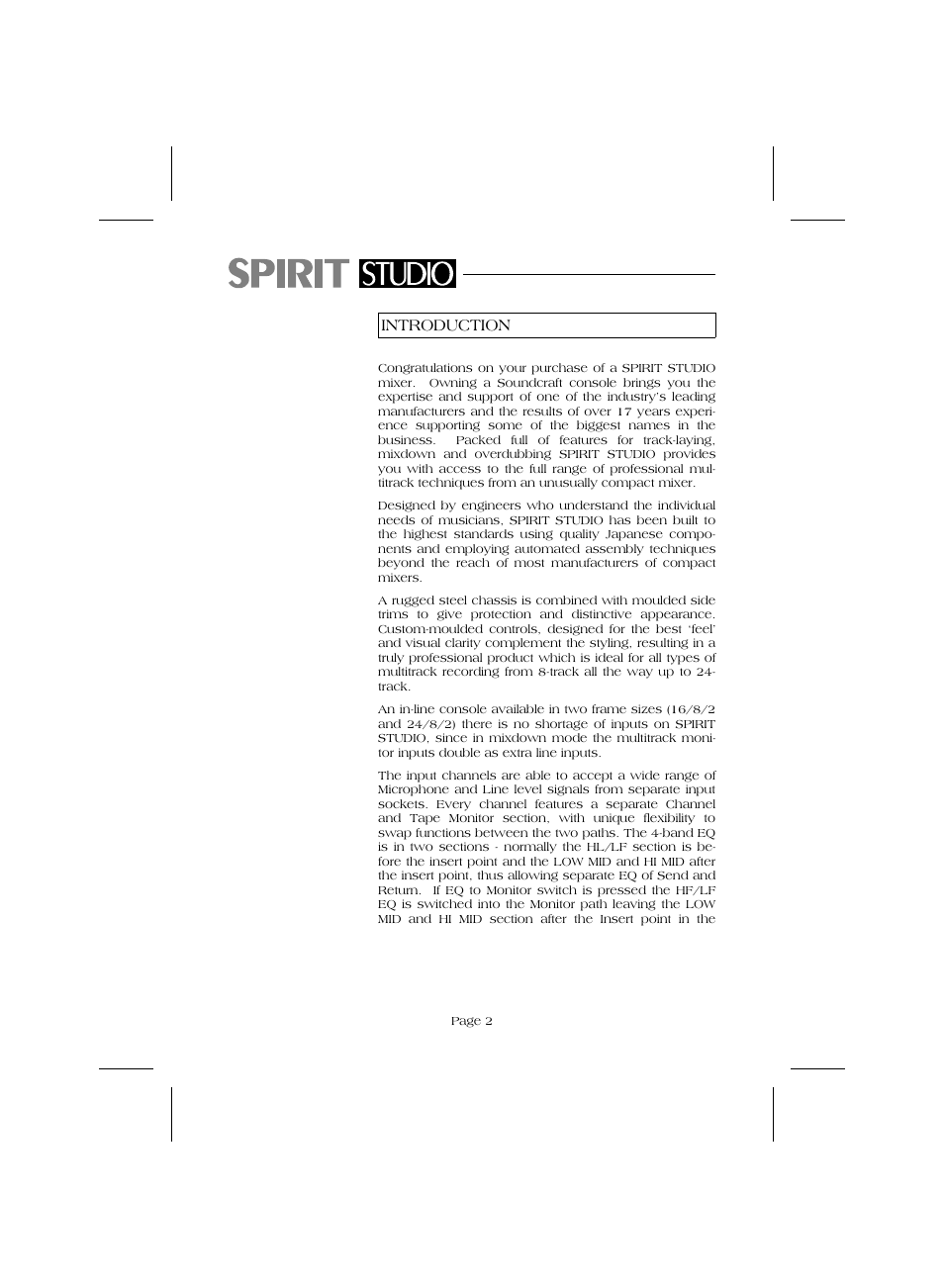 Introduction | SoundCraft Audio Mixing Console Model Spirit Studio User Manual | Page 4 / 38