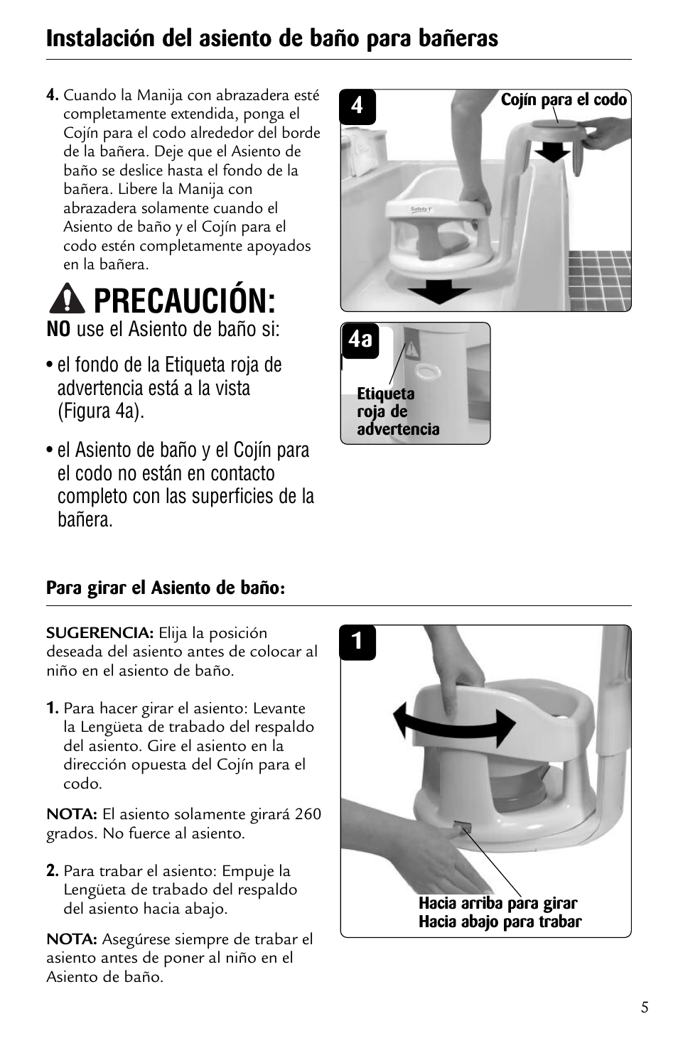 Precaución, 4instalación del asiento de baño para bañeras | Safety 1st 44301A User Manual | Page 19 / 21