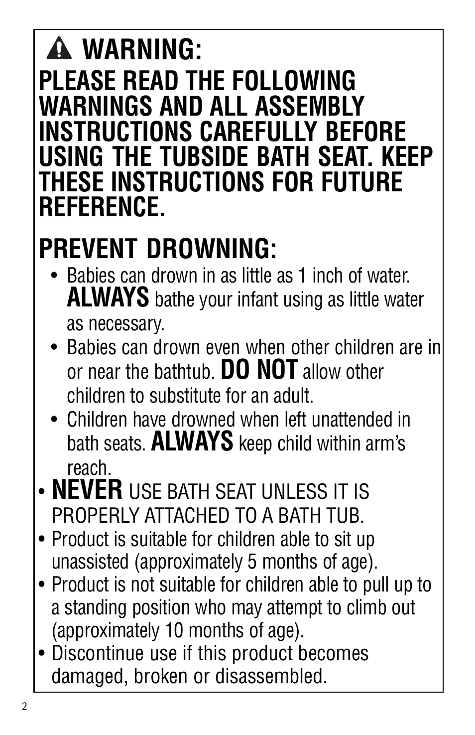 Warning, Always, Do not | Never | Safety 1st 44301A User Manual | Page 2 / 21