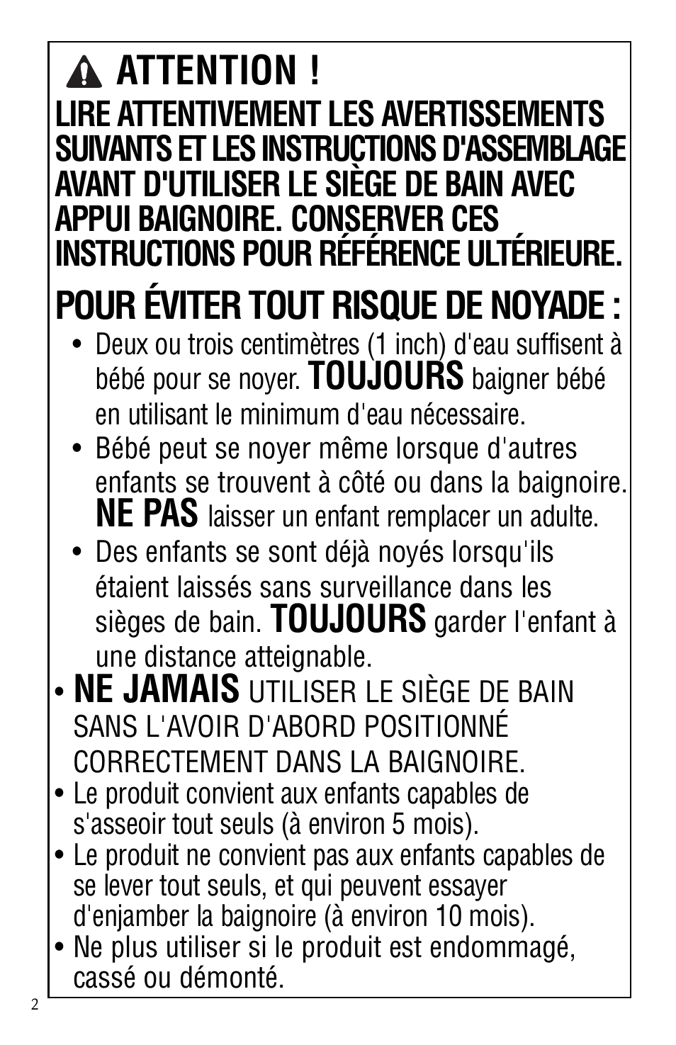 Attention, Pour éviter tout risque de noyade, Toujours | Ne pas, Ne jamais | Safety 1st 44301A User Manual | Page 9 / 21