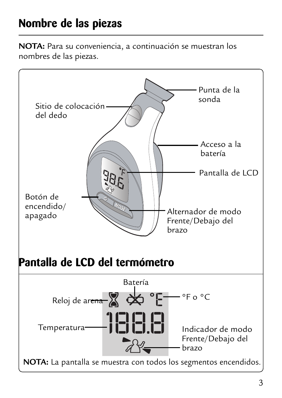 Nombre de las piezas, Pantalla de lcd del termómetro | Safety 1st 49529 User Manual | Page 18 / 26
