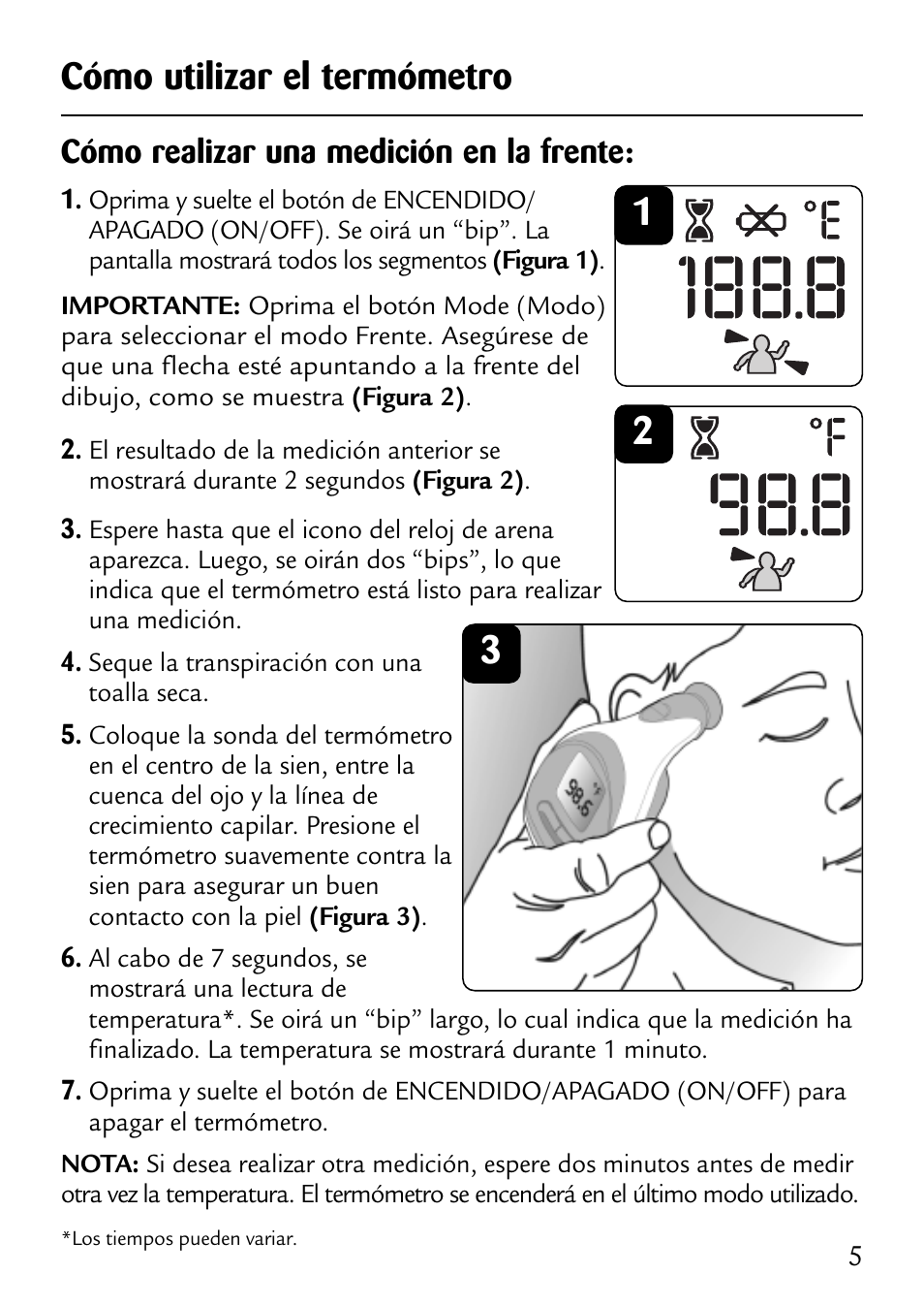 Cómo utilizar el termómetro, Cómo realizar una medición en la frente | Safety 1st 49529 User Manual | Page 20 / 26