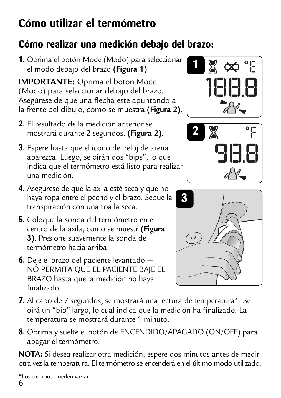 Cómo utilizar el termómetro, Cómo realizar una medición debajo del brazo | Safety 1st 49529 User Manual | Page 21 / 26