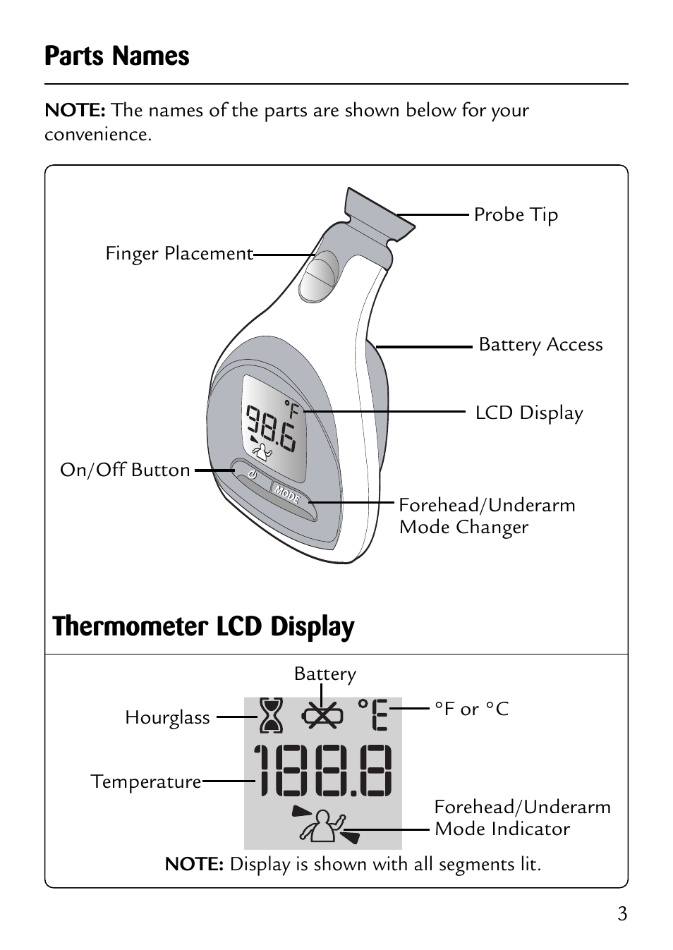 Parts names, Thermometer lcd display | Safety 1st 49529 User Manual | Page 5 / 26