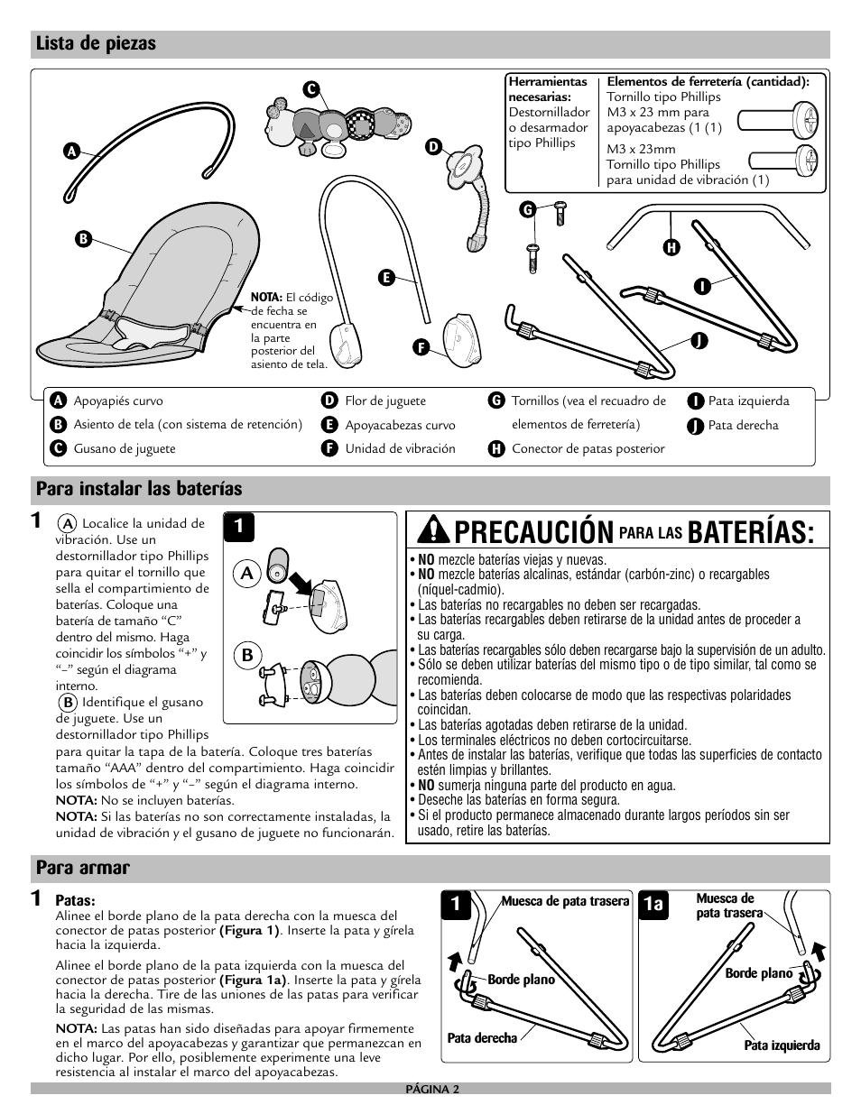 Precaución, Baterías, Lista de piezas para instalar las baterías | 1a b, Para armar | Safety 1st 25120 User Manual | Page 10 / 12