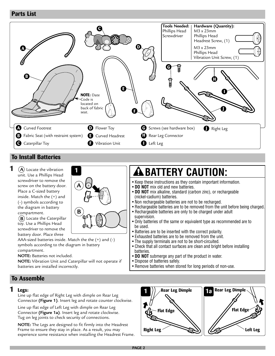 Battery caution, Parts list to install batteries, 1a b | Safety 1st 25120 User Manual | Page 2 / 12