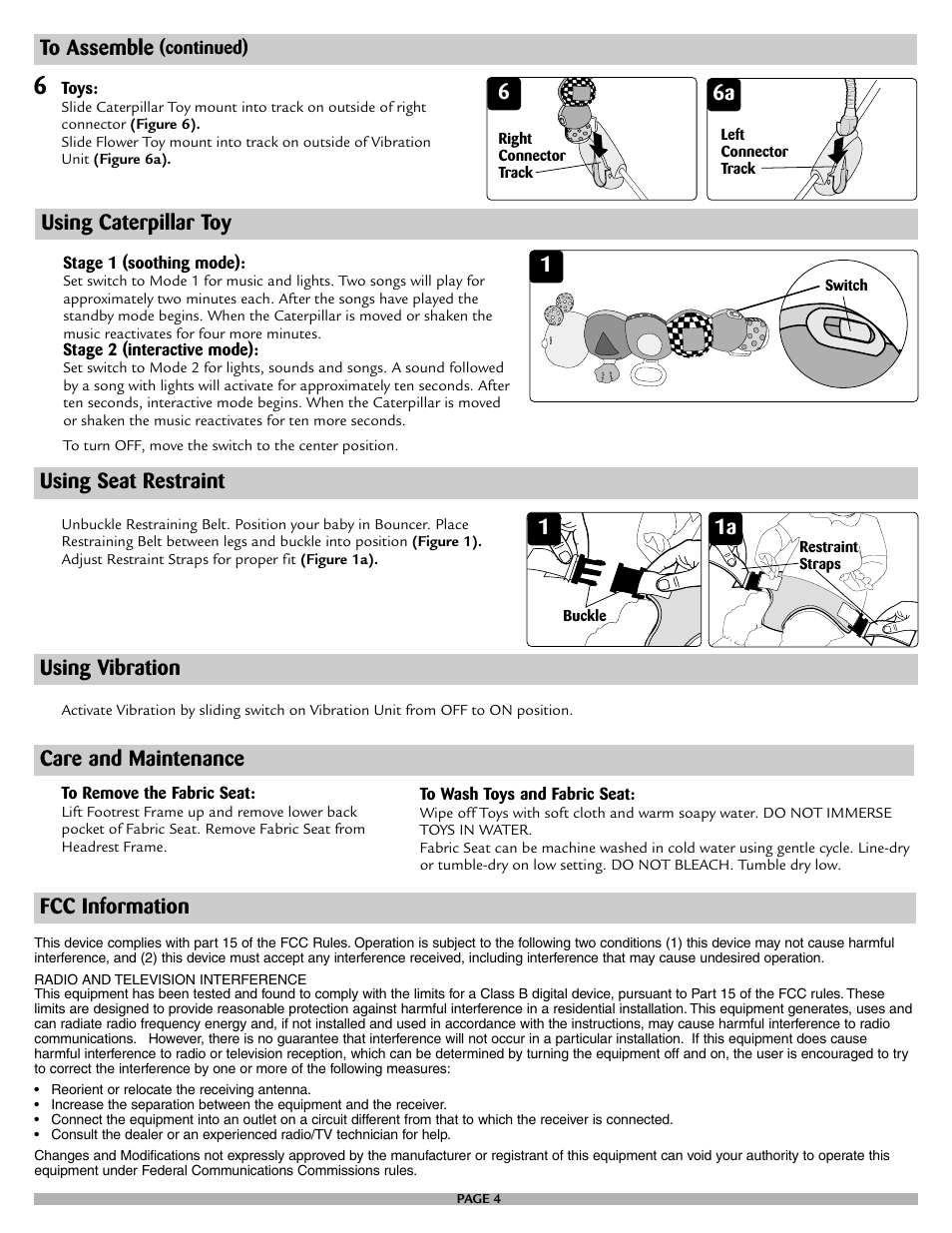 Using caterpillar toy, Fcc information 1 care and maintenance, Using seat restraint | Using vibration | Safety 1st 25120 User Manual | Page 4 / 12