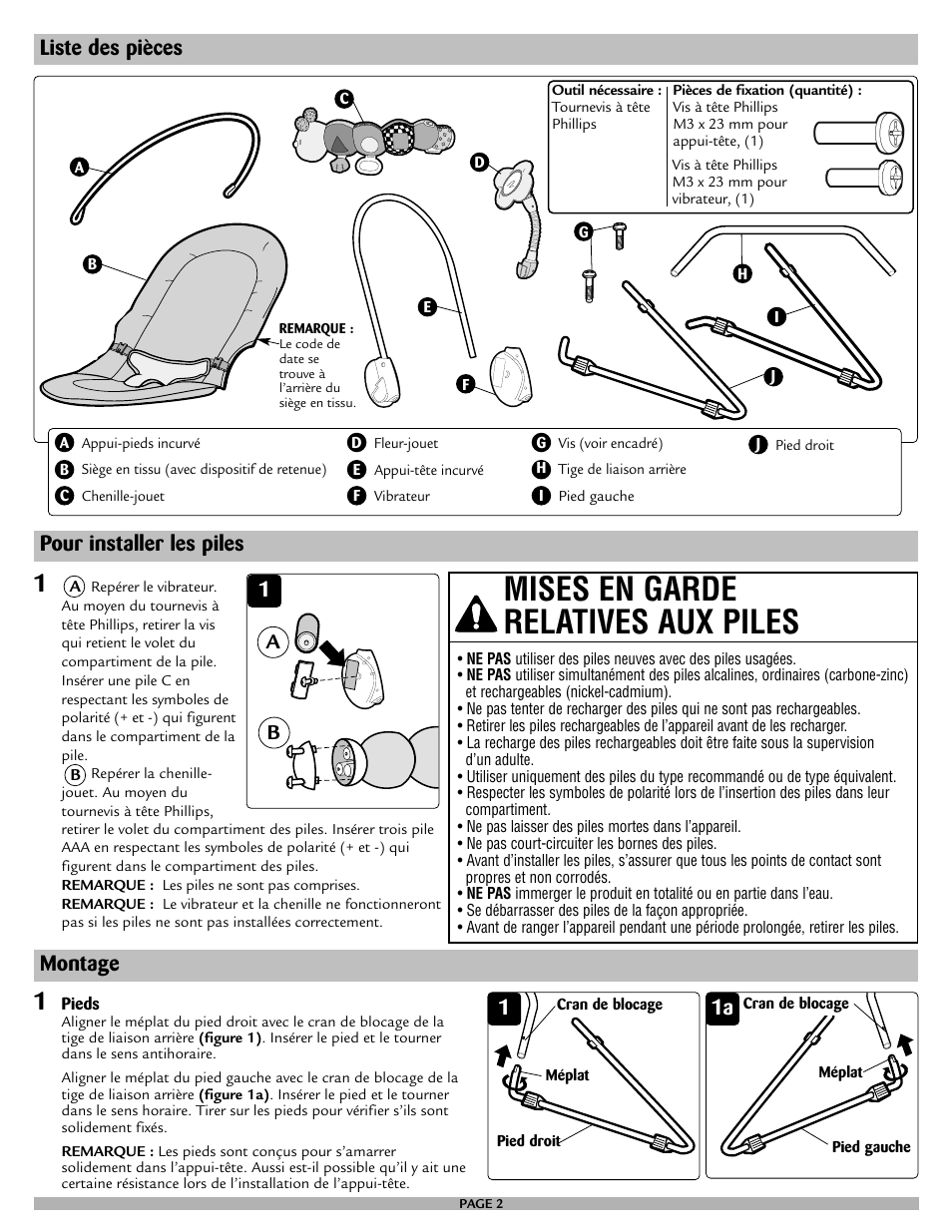 Mises en garde relatives aux piles, Liste des pièces pour installer les piles, 1a b | Montage | Safety 1st 25120 User Manual | Page 6 / 12