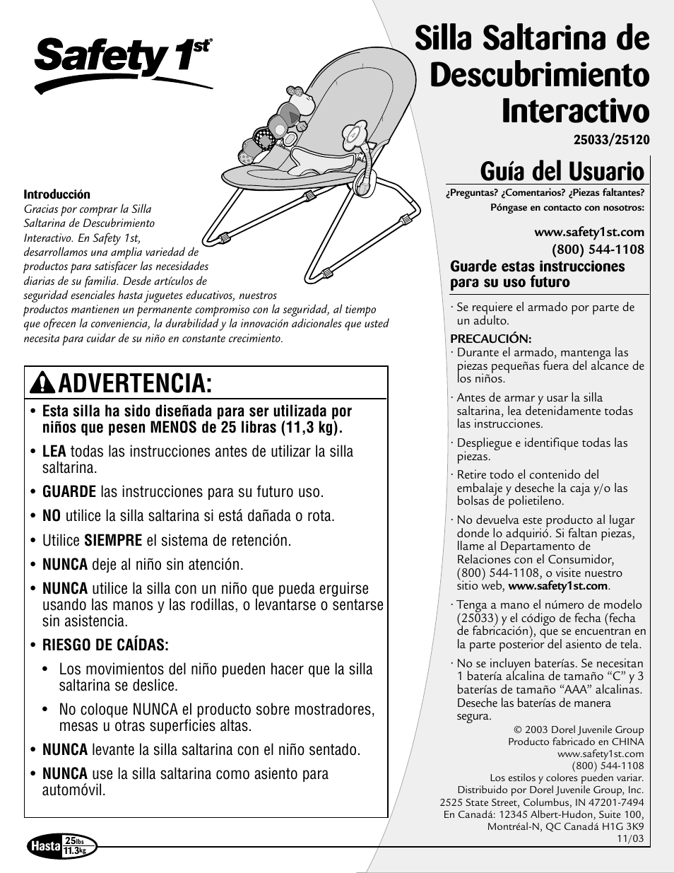 Silla saltarina de descubrimiento interactivo, Guía del usuario, Advertencia | Safety 1st 25120 User Manual | Page 9 / 12