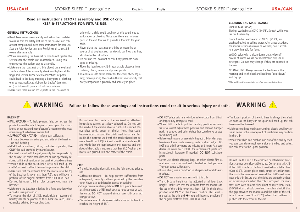 Warning, Usa / can stokke sleepi, User guide | Stokke sleepi, User guide usa / can | Stokke SleepiTM User Manual | Page 4 / 7