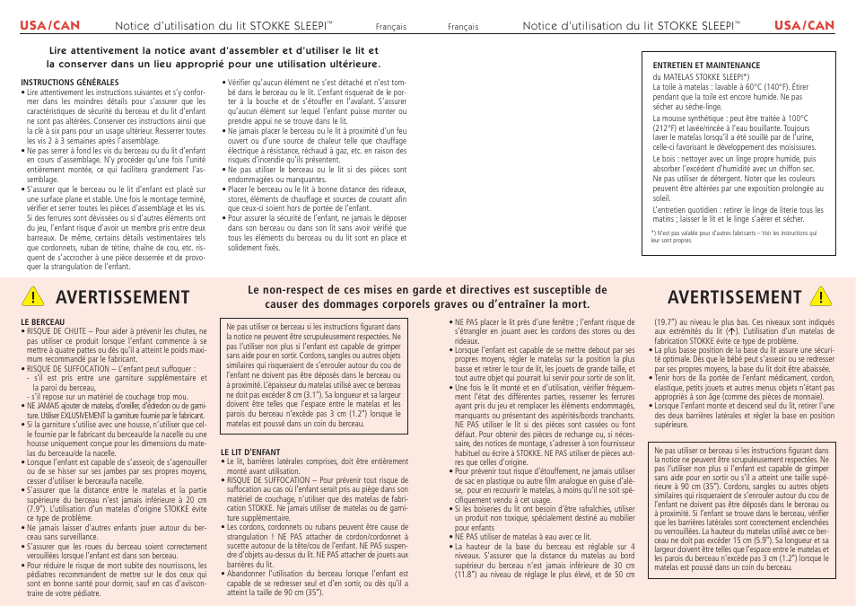 Avertissement, Usa / can | Stokke SleepiTM User Manual | Page 5 / 7