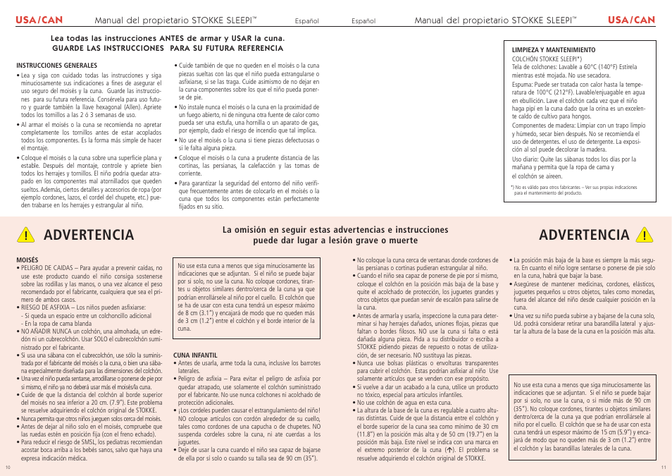 Advertencia advertencia, Usa / can | Stokke SleepiTM User Manual | Page 6 / 7