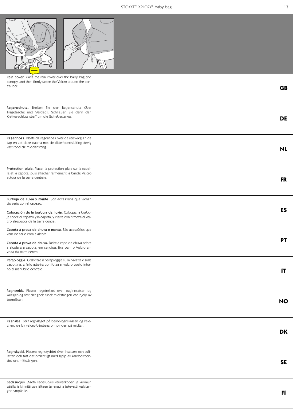 Gb de nl fr es pt it no dk se fi | Stokke Baby Bag User Manual | Page 13 / 24