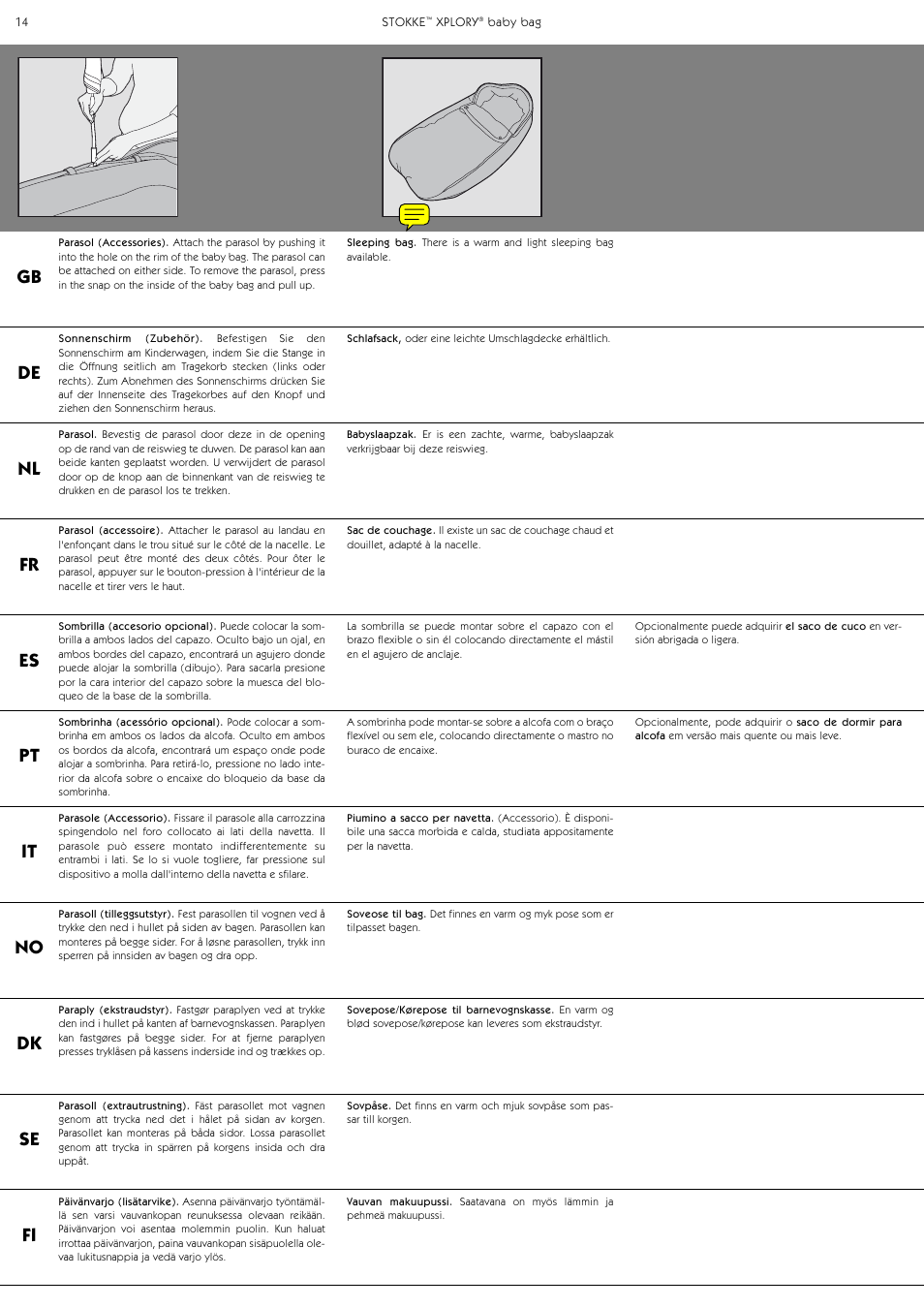 Gb de nl fr es pt it no dk se fi | Stokke Baby Bag User Manual | Page 14 / 24