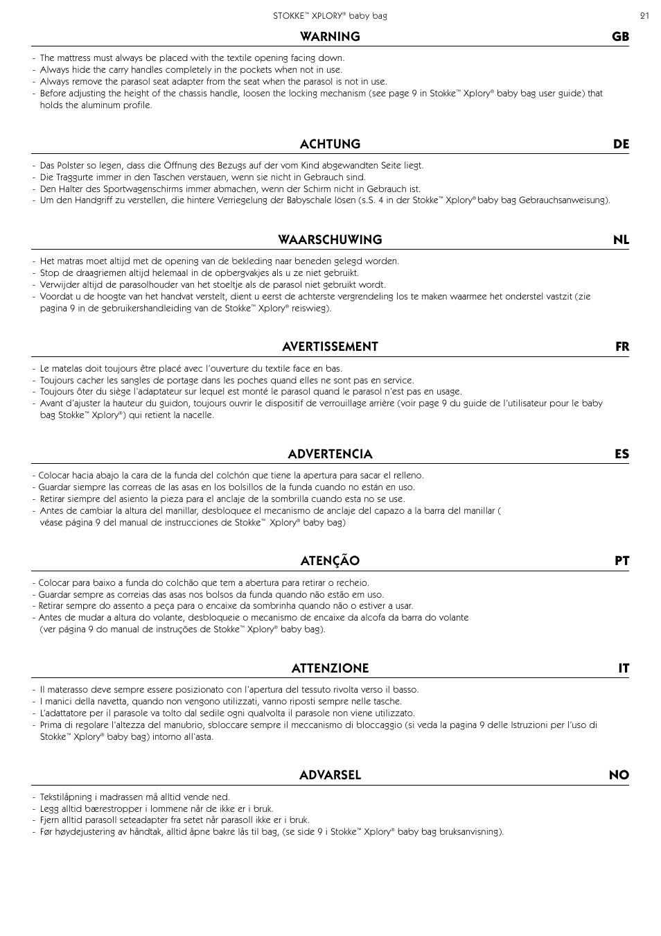 Warning gb, Achtung de, Waarschuwing nl | Advertencia es, Atenção pt, Attenzione it, Advarsel no, Avertissement fr | Stokke Baby Bag User Manual | Page 21 / 24