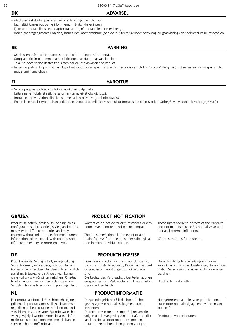 Dk advarsel, Se varning, Fi varoitus gb/usa product notification | Nl productinformatie, De produkthinweise | Stokke Baby Bag User Manual | Page 22 / 24