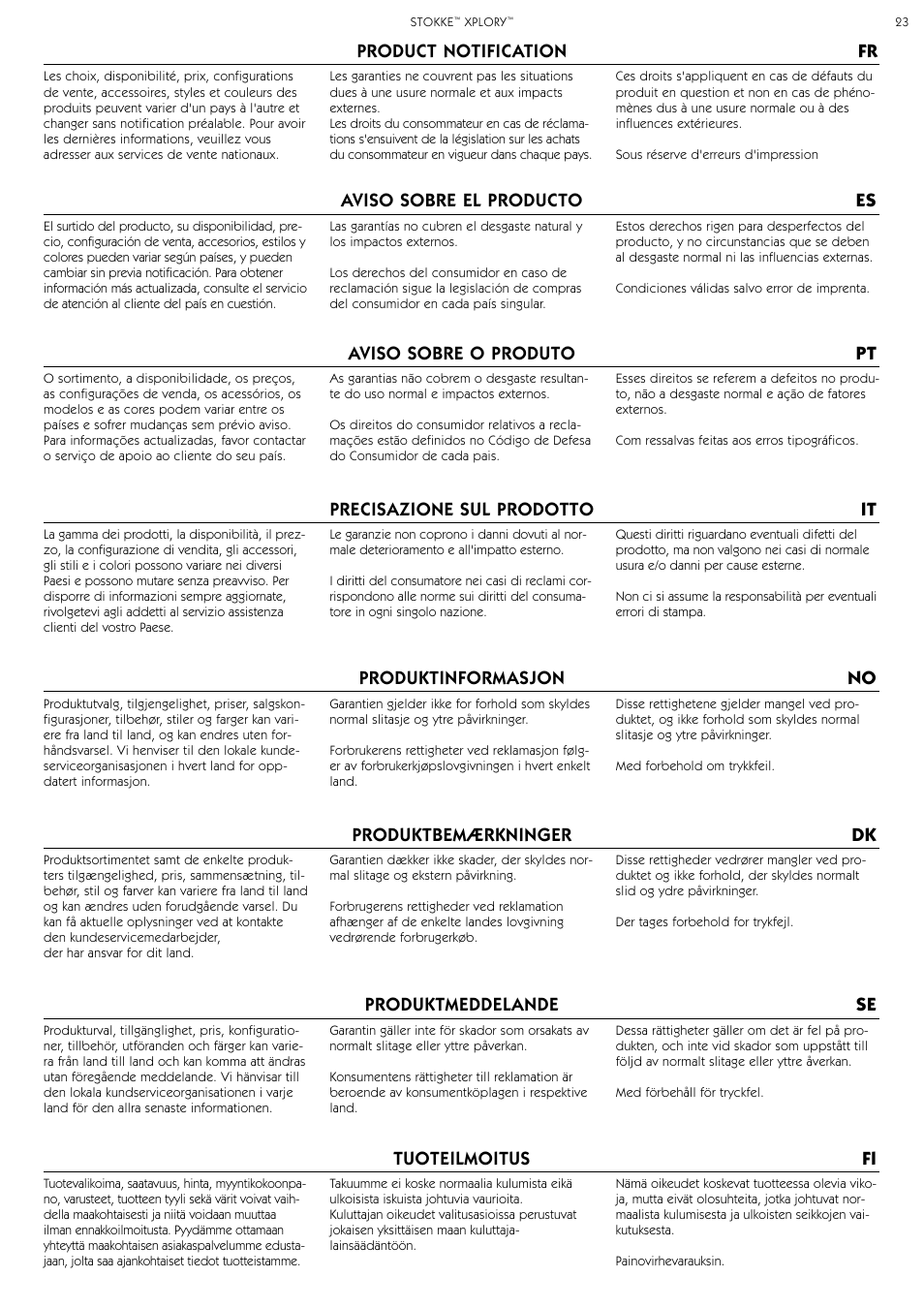 Aviso sobre o produto pt, Precisazione sul prodotto it, Produktinformasjon no | Produktbemærkninger dk, Produktmeddelande se, Tuoteilmoitus fi, Product notification fr, Aviso sobre el producto es | Stokke Baby Bag User Manual | Page 23 / 24