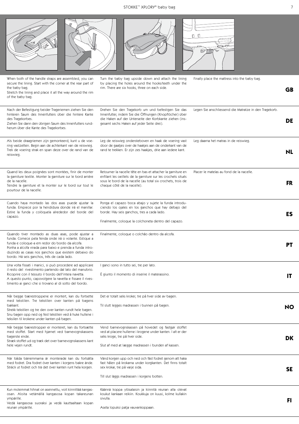 Gb de nl fr es pt it no dk se fi | Stokke Baby Bag User Manual | Page 7 / 24