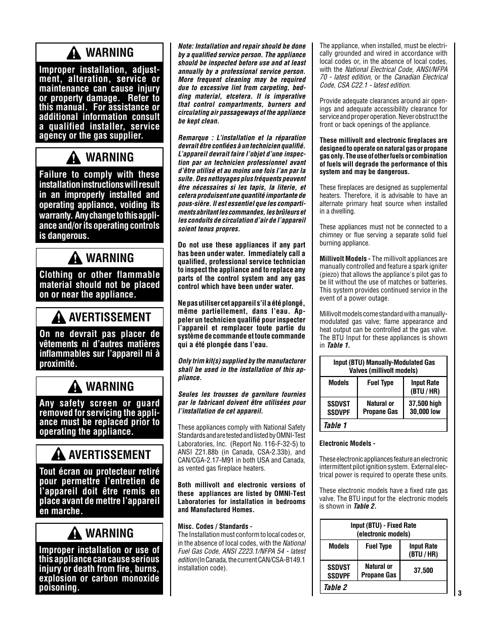 Warning, Avertissement | Superior SSDVPF-CNE-B User Manual | Page 3 / 40