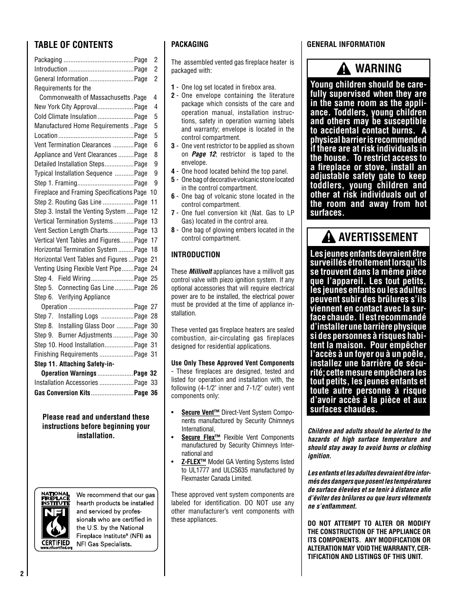 Warning, Avertissement | Superior SDV35 User Manual | Page 2 / 40