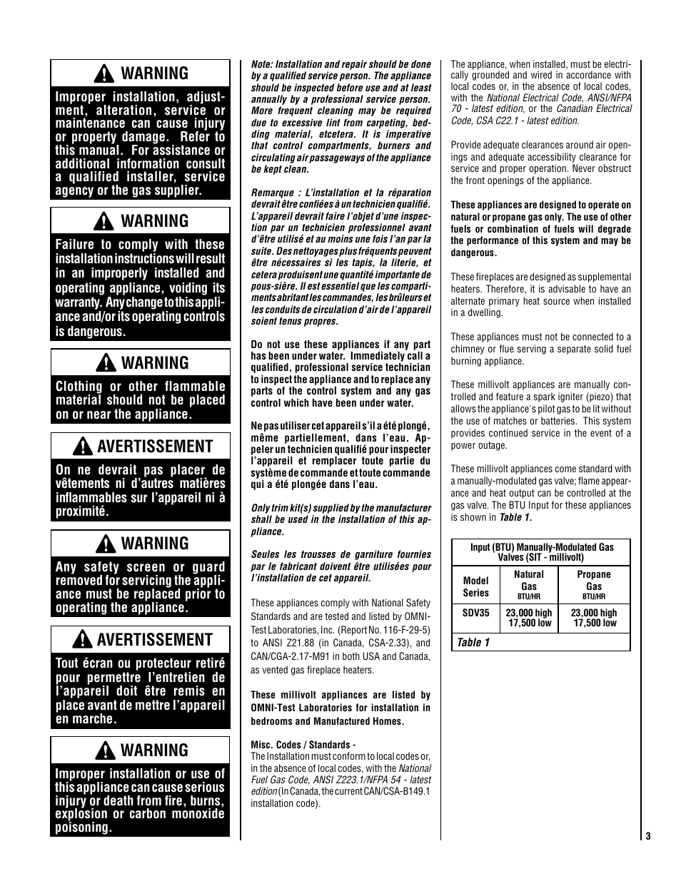 Warning, Avertissement | Superior SDV35 User Manual | Page 3 / 40