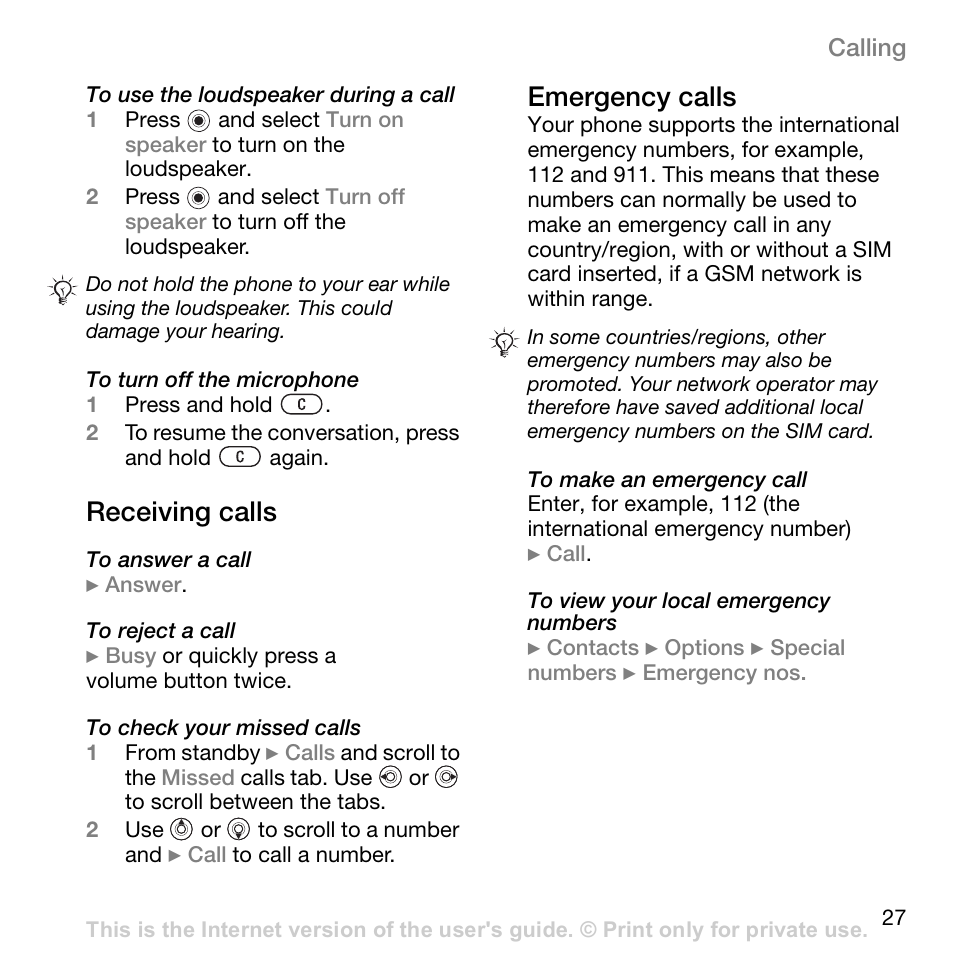 Receiving calls, Emergency calls | Superior W800I User Manual | Page 27 / 49