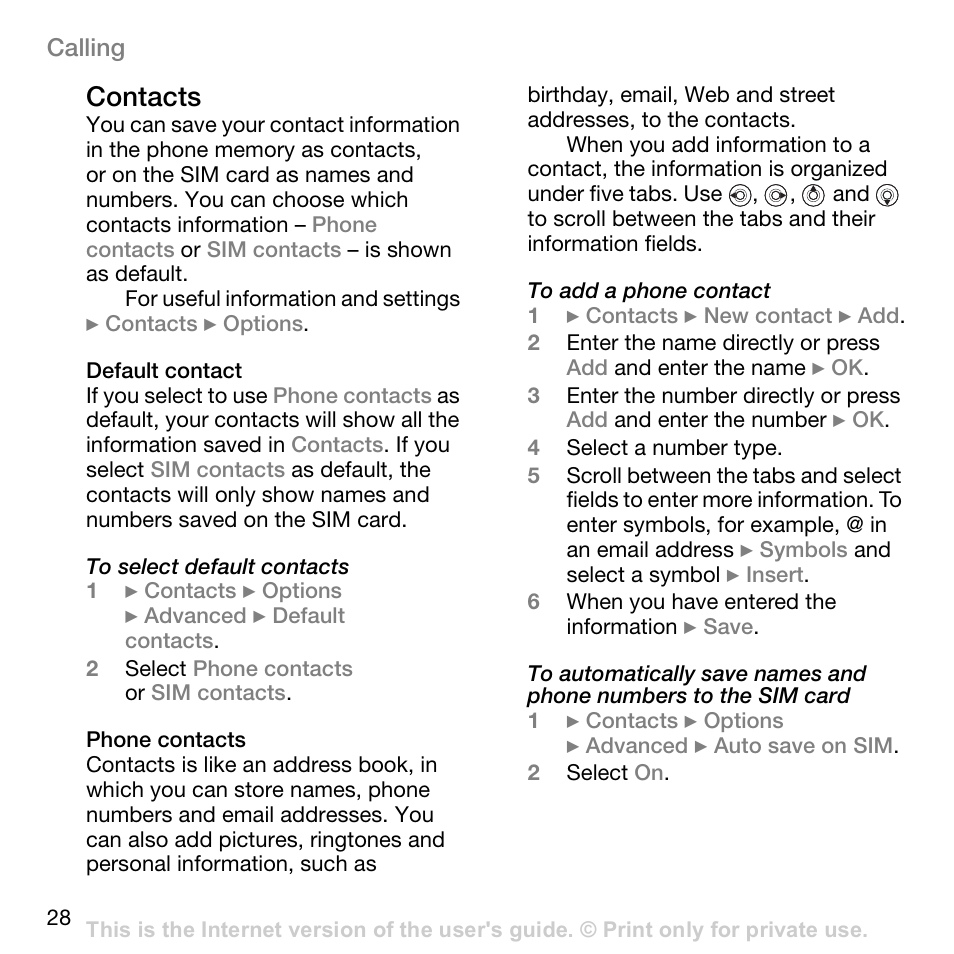Contacts | Superior W800I User Manual | Page 28 / 49