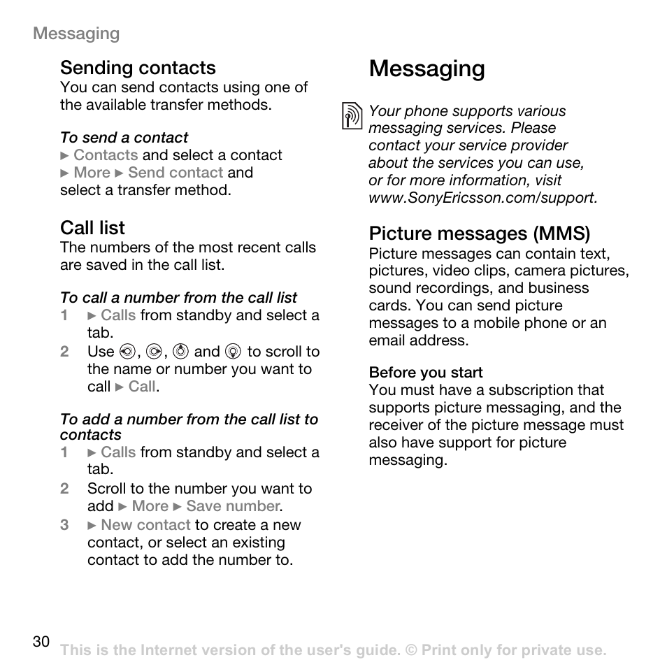 Messaging, Sending contacts, Call list | Picture messages (mms) | Superior W800I User Manual | Page 30 / 49
