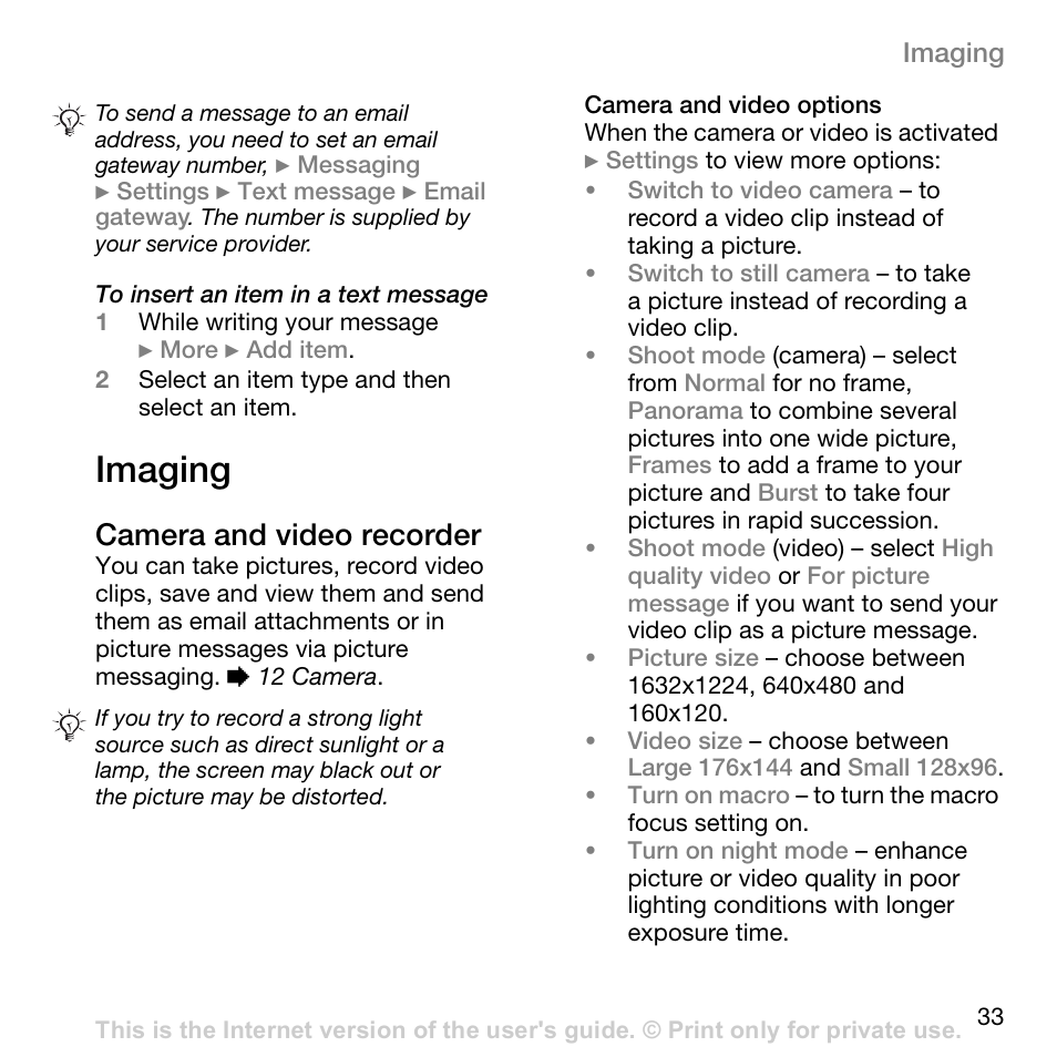 Imaging, Camera and video recorder | Superior W800I User Manual | Page 33 / 49