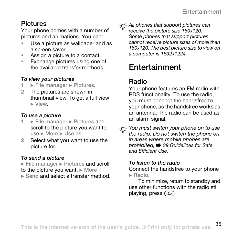 Entertainment, Pictures, Radio | Superior W800I User Manual | Page 35 / 49