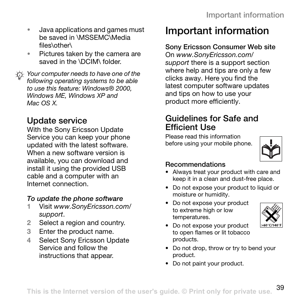 Important information, 39 guidelines for safe, And efficient use | Update service, Guidelines for safe and efficient use | Superior W800I User Manual | Page 39 / 49