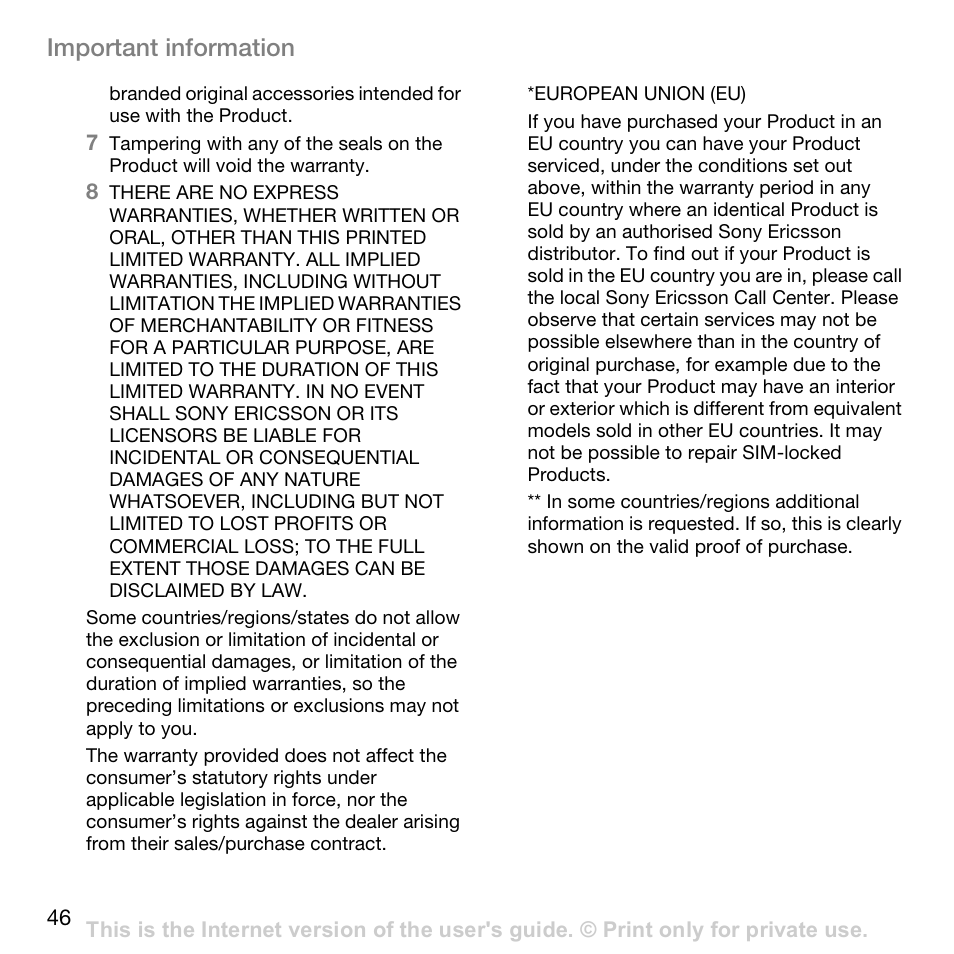 Important information | Superior W800I User Manual | Page 46 / 49