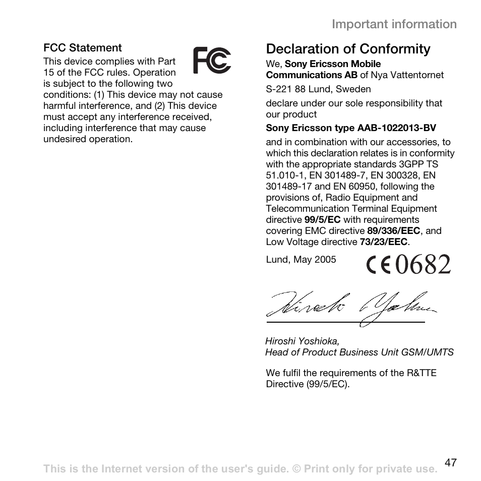 Declaration of conformity, Important information | Superior W800I User Manual | Page 47 / 49