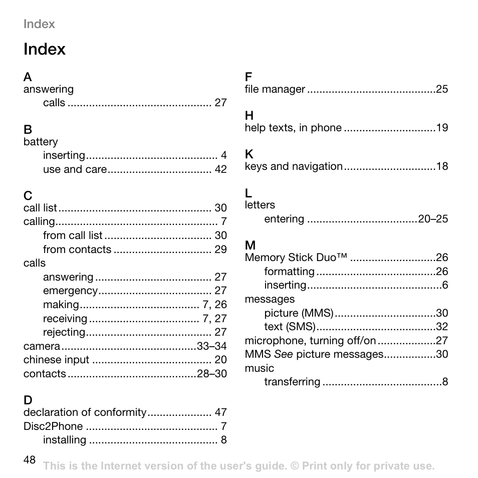 Index | Superior W800I User Manual | Page 48 / 49