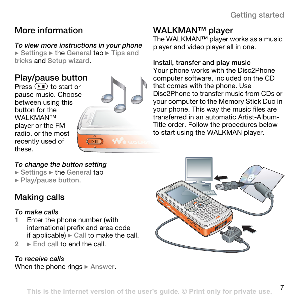 More information, Play/pause button, Making calls | Walkman™ player | Superior W800I User Manual | Page 7 / 49