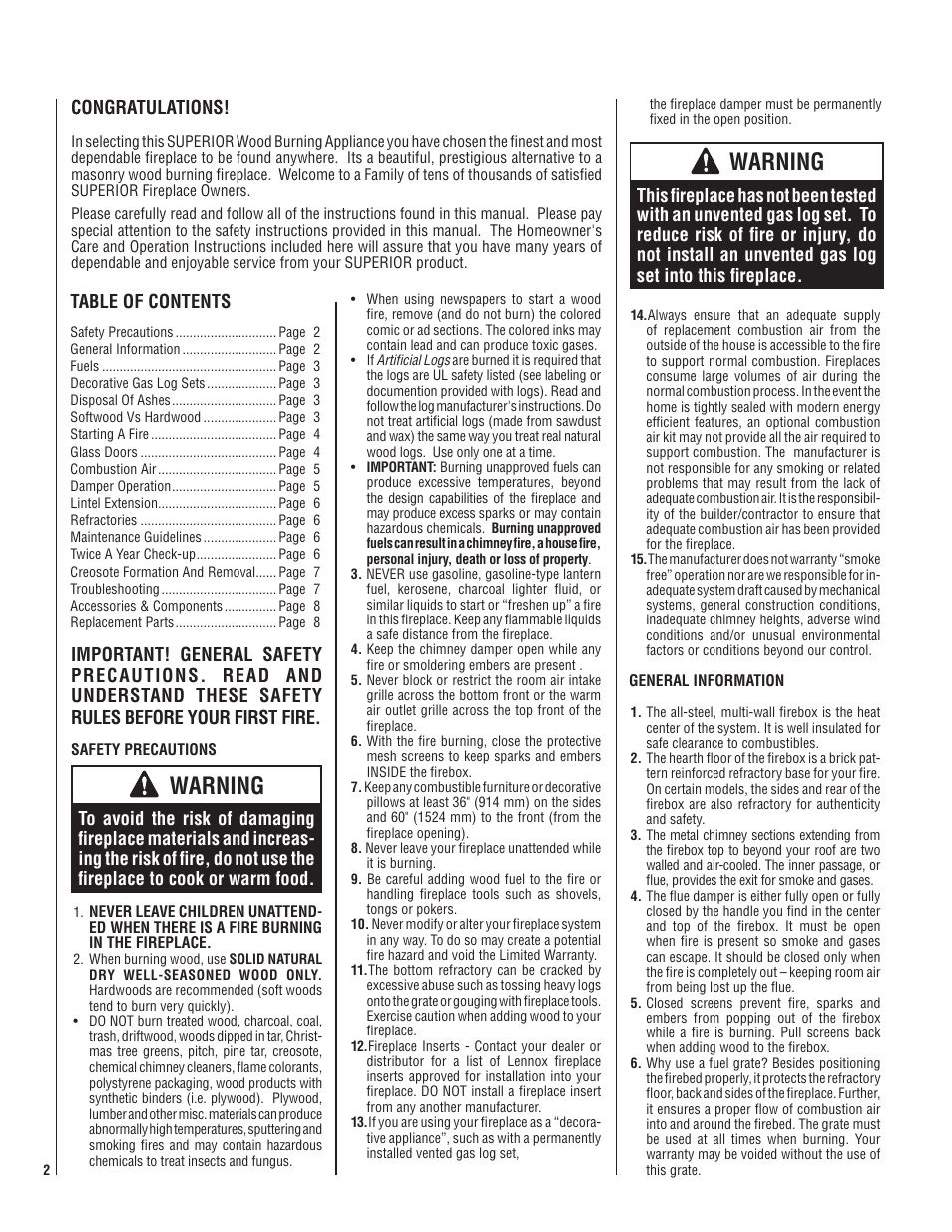 Warning | Superior CST38MH User Manual | Page 2 / 8