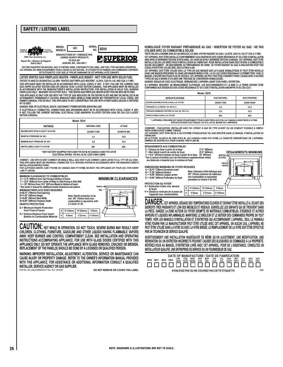 Caution, Danger, Safety / listing label | Minimum clearances, Sdvi | Superior SDVI User Manual | Page 26 / 28