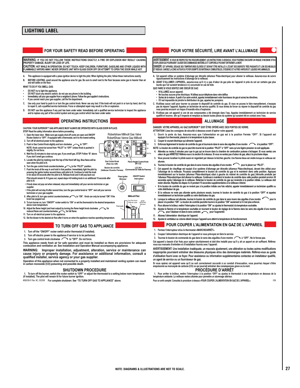 Lighting label, For your safety read before operating, Shutdown procedure operating instructions | Pour couper l’alimentation en gaz de l’appareil, Procédure d’arrêt allumage | Superior SDVI User Manual | Page 27 / 28