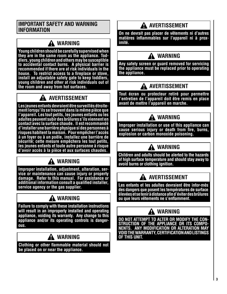 Important safety and warning information warning, Avertissement, Warning | Superior SDVI User Manual | Page 3 / 28