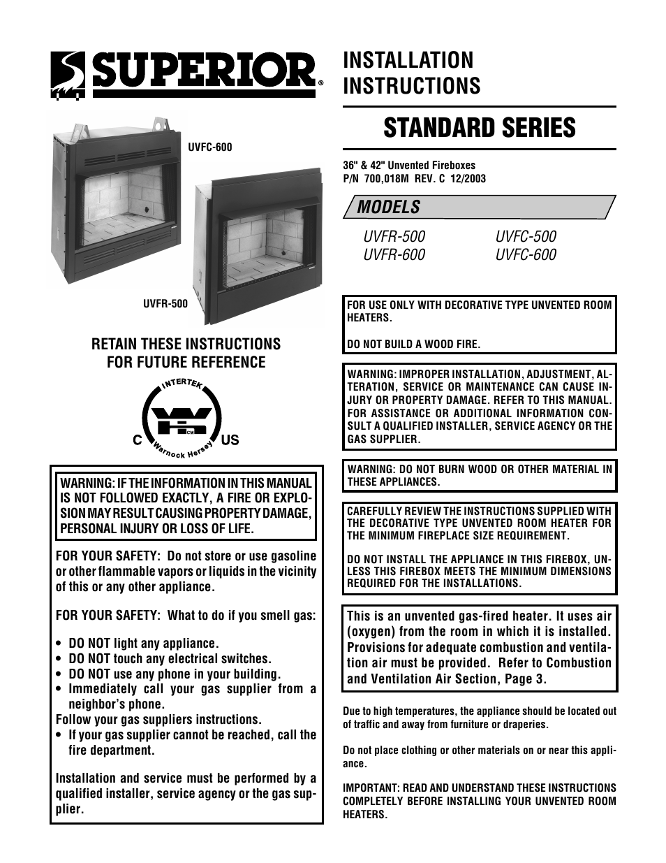 Superior UNVENTED FIREBOXES UVFC-500 User Manual | 12 pages