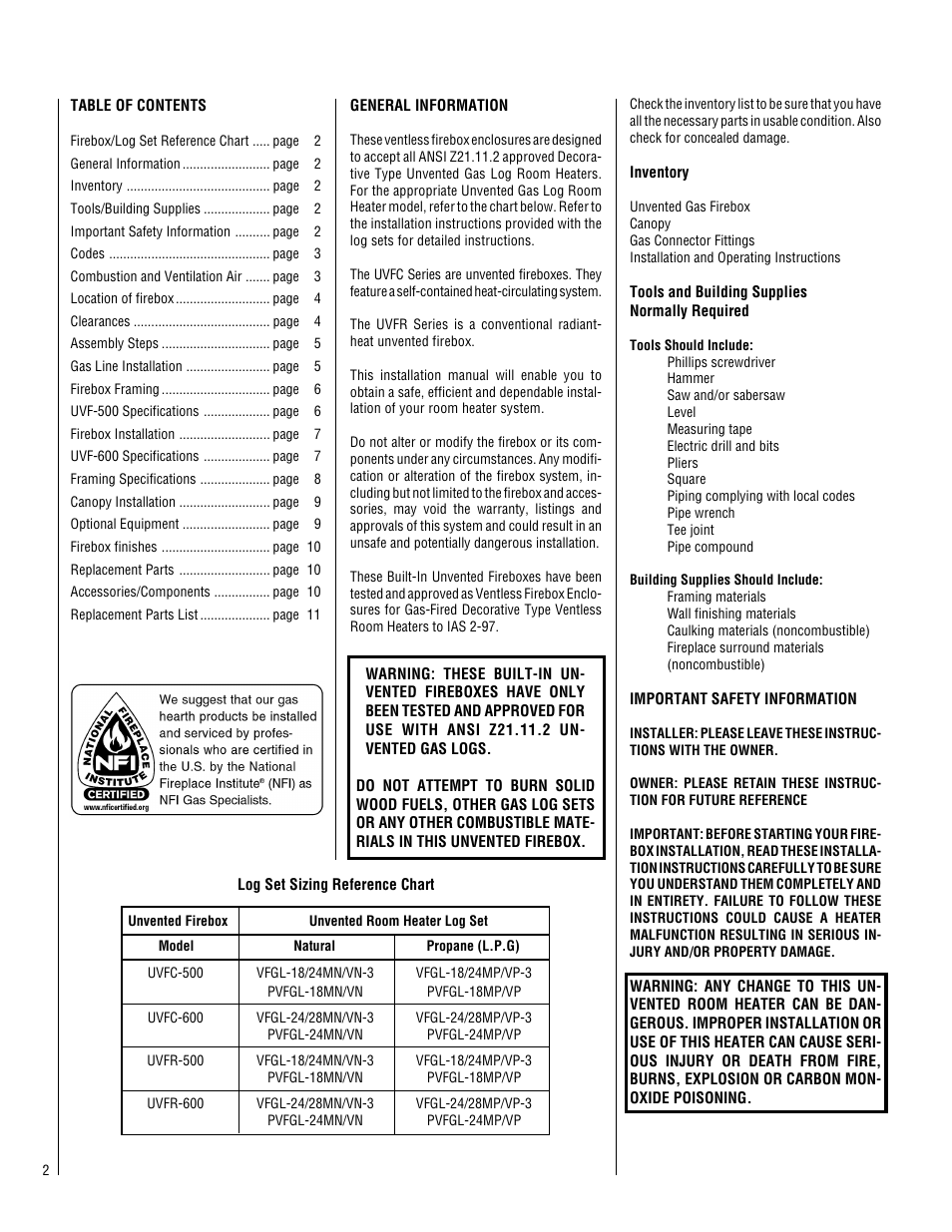 Superior UNVENTED FIREBOXES UVFC-500 User Manual | Page 2 / 12