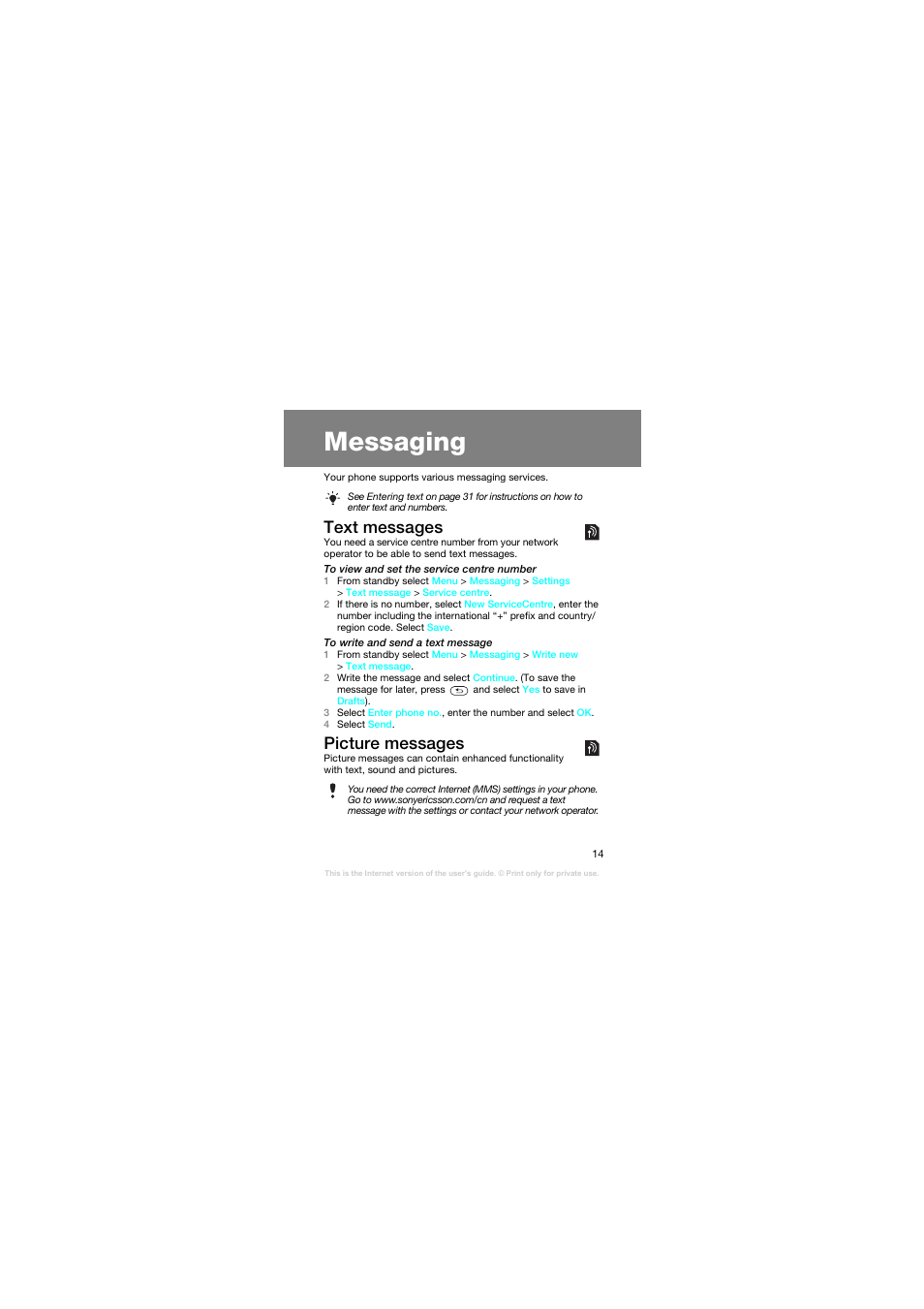 Messaging, Text messages, Picture messages | Superior Z258C User Manual | Page 14 / 48