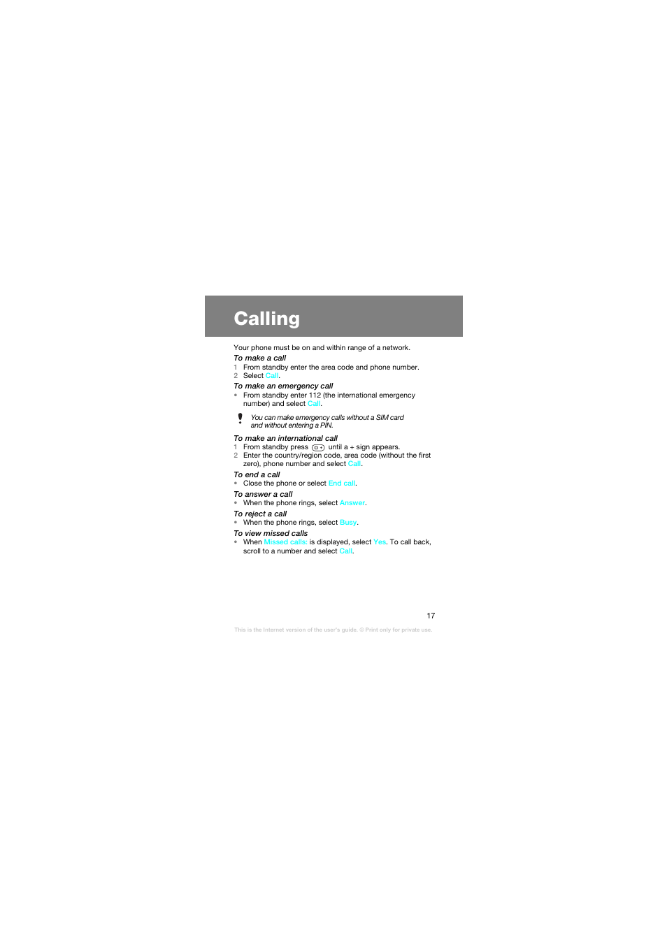 Calling | Superior Z258C User Manual | Page 17 / 48